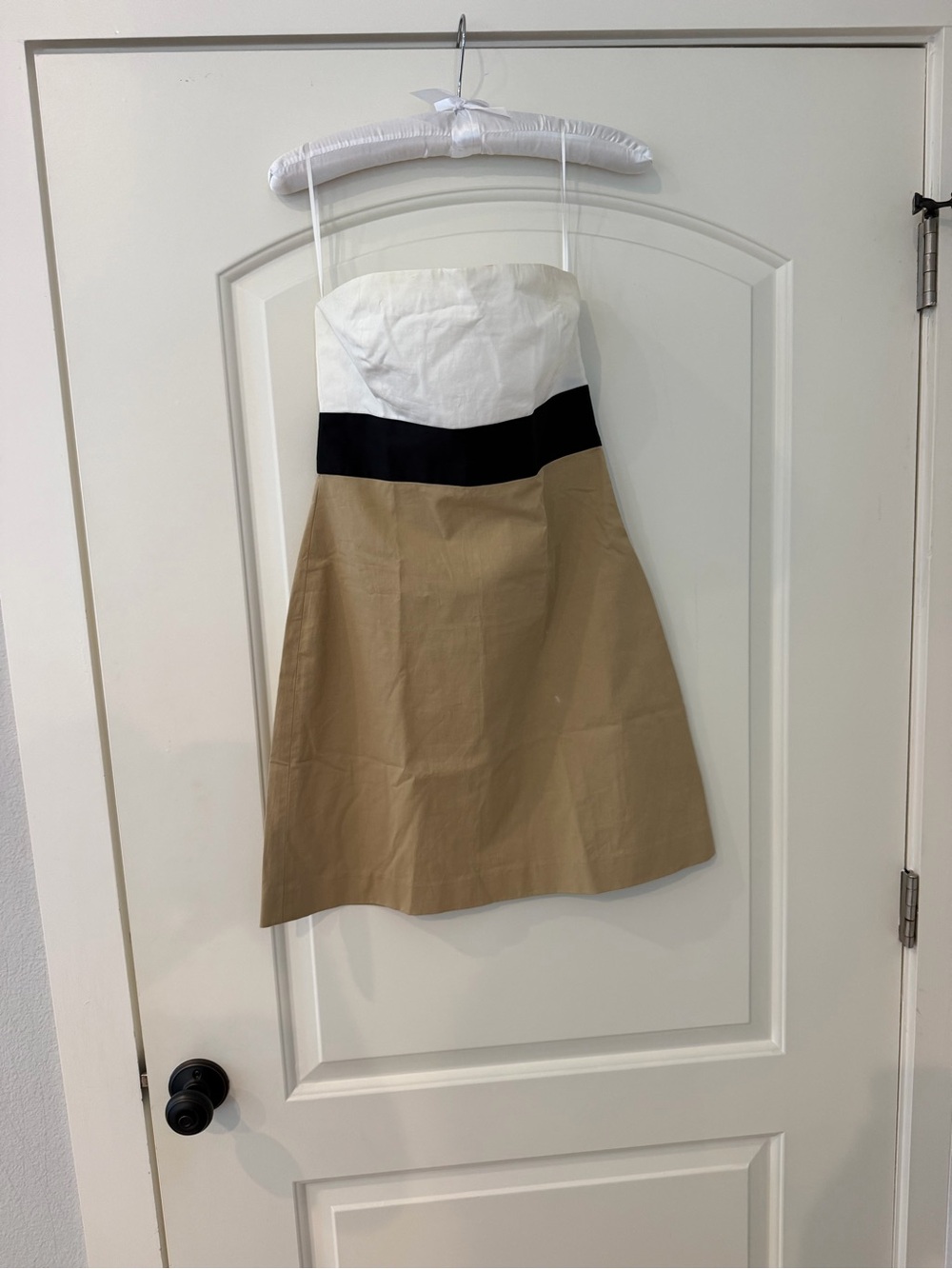 Theory: Strapless Colorblock A-Line Skirt Dress in White, Black & Tan